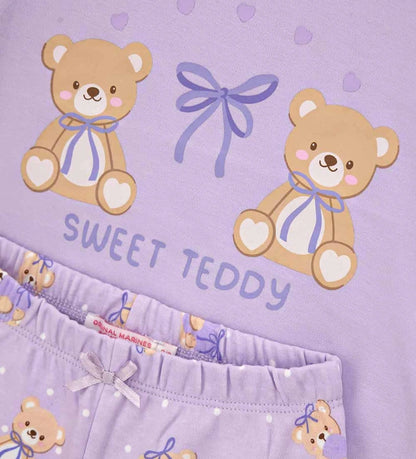 λιλά βρεφική βαμβακερή πυτζάμα Original Marines με στάμπα Sweet Teddy, βολάν στους ώμους και παντελόνι allover print.
