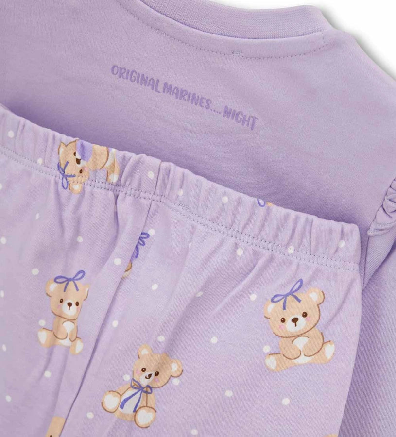 λιλά βρεφική βαμβακερή πυτζάμα Original Marines με στάμπα Sweet Teddy, βολάν στους ώμους και παντελόνι allover print.