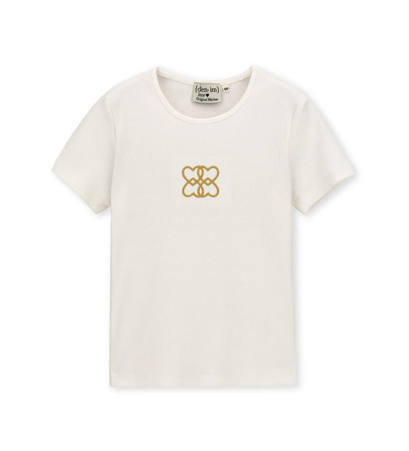 Λευκό παιδικό ribbed T-shirt Original Marines με χρυσό κέντημα σε σχήμα καρδιάς, για κορίτσια 5-14 ετών.