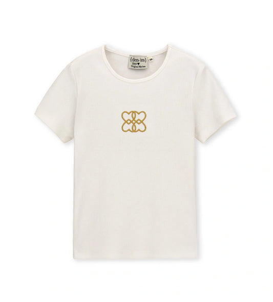 Λευκό παιδικό ribbed T-shirt Original Marines με χρυσό κέντημα σε σχήμα καρδιάς, για κορίτσια 5-14 ετών.