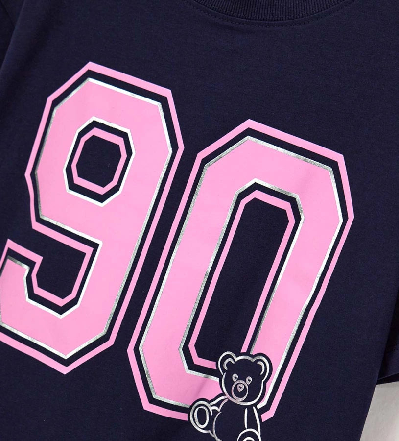 σκούρο μπλε κοριτσίστικο t-shirt Original Marines με ροζ μεταλλική στάμπα 90 και αρκουδάκι.