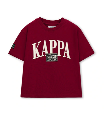 Μπροστινή όψη από μπορντό αγορίστικο t-shirt Original Marines x Kappa με λευκή στάμπα "KAPPA" και σήμα στο στήθος.