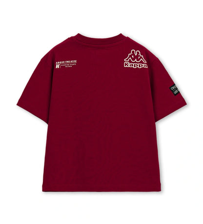Μπροστινή όψη από μπορντό αγορίστικο t-shirt Original Marines x Kappa με λευκή στάμπα "KAPPA" και σήμα στο στήθος.