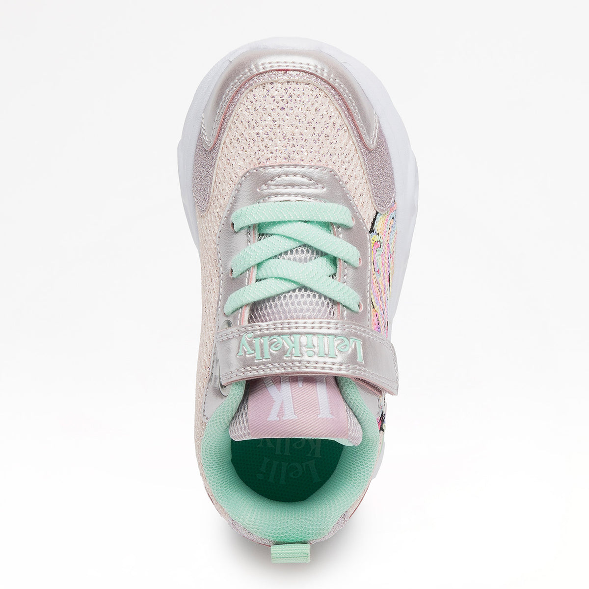 Κάτοψη του Lelli Kelly sneaker που δείχνει τον ανατομικό πάτο και τα glitter κορδόνια.